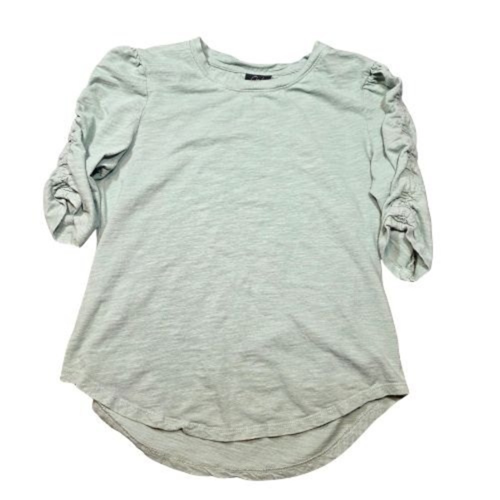 Oak & Trellis Womens M Sage Green Slub Knit Ruched Puff 3/4 Sleeve Crew Neck Top
